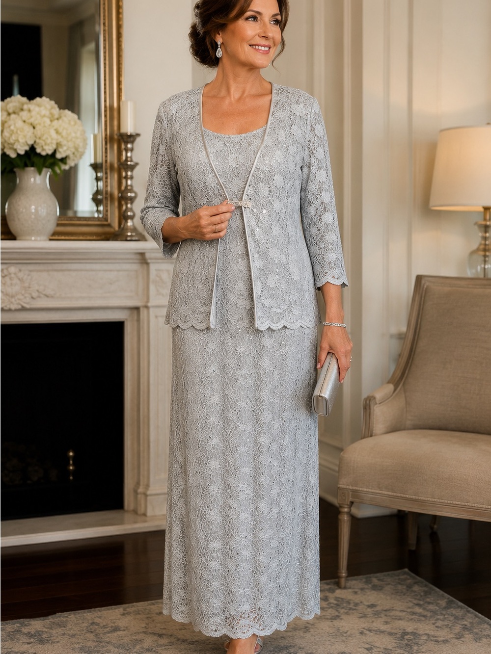 R&M Richards 2 Pc Silver Lace Sequin Maxi Dress Jacket Set Women’s Size 16 NWT